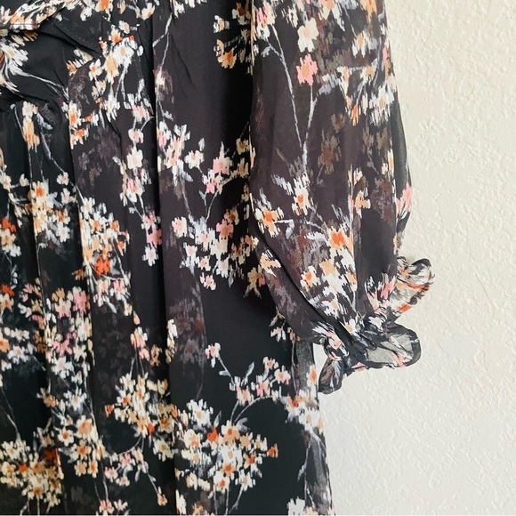 Time and Tru floral fall mini dress Medium black chiffon ruffle sleeves feminine - Picture 2 of 11